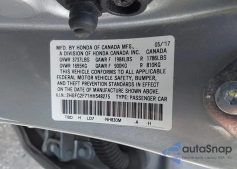 2017 Honda Civic Ex z USA, uszkodzony, nr VIN 2HGFC2F71HH548275